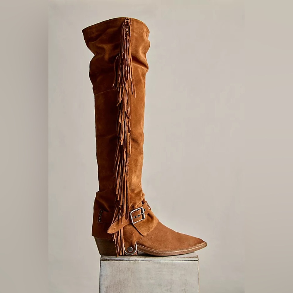Free People Tan Over the Knee Fringe Boots